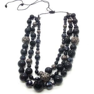 Faceted Beaded & Silver-tone Necklace Adjustable Sliding Knot